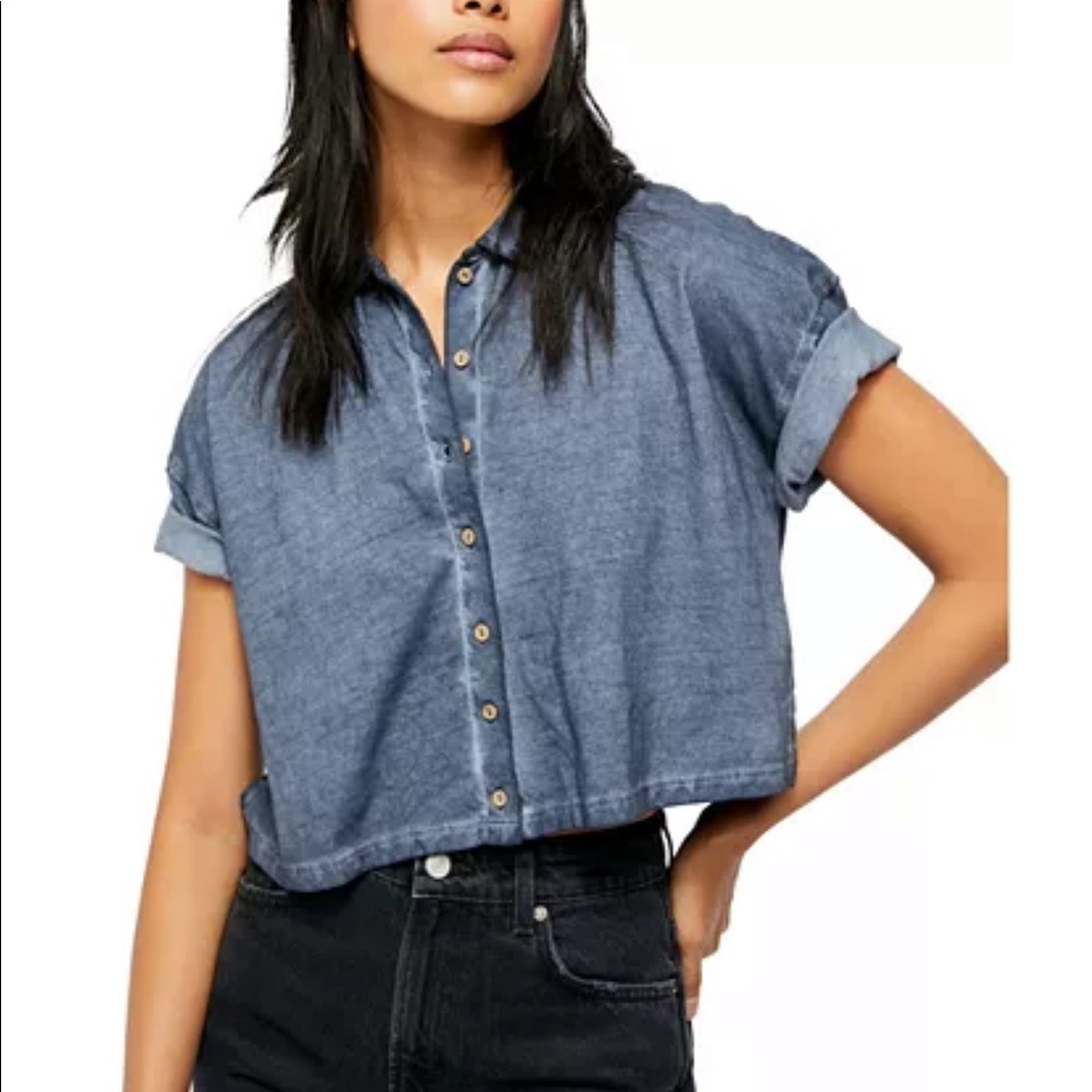 FREE PEOPLE Weekend Rush Navy Button Down Shirt